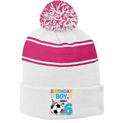 Funny 6 Years Old Boy 6th Birthday Boy Football Age 6 Bday Stripe Pom Pom Beanie