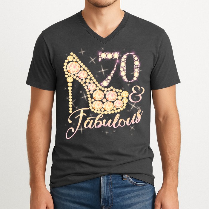Fabulous & 70 Sparkly Heel 70th Birthday V-Neck T-Shirt