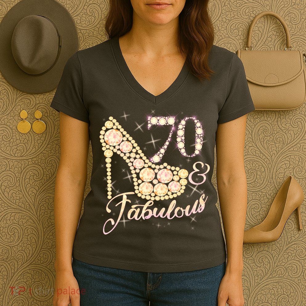 Fabulous & 70 Sparkly Heel 70th Birthday Women's V-Neck T-Shirt