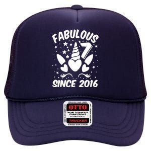 Fabulous 7 Since 2016 Unicorn Birthday High Crown Mesh Back Trucker Hat