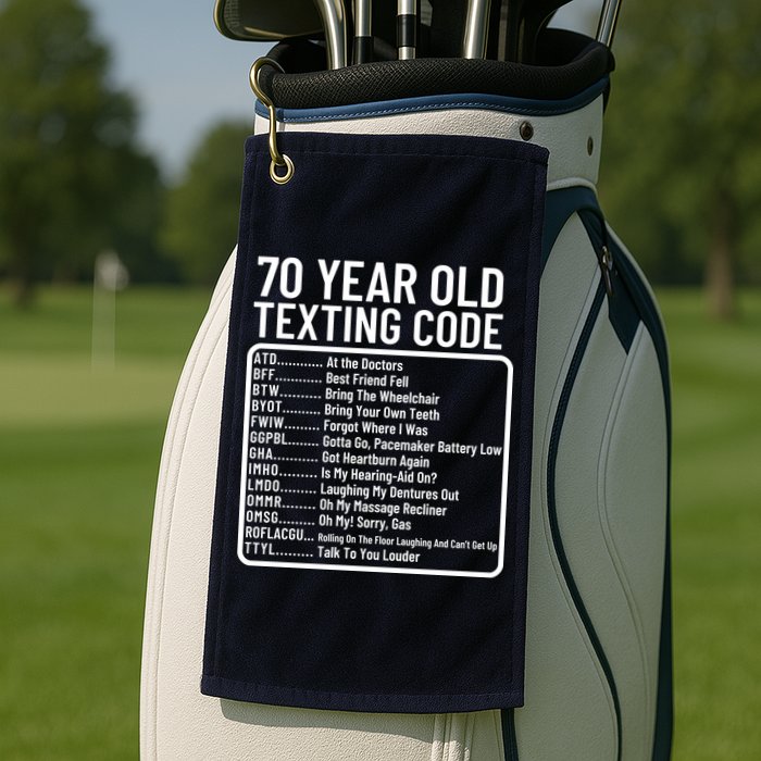 Funny 70 Year Old Texting Code Birthday Golf Towel