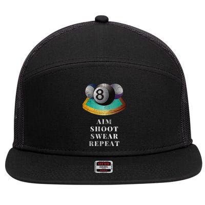 Funny 8 Ball Billiards Player Aim Shoot Swear Repeat Gift 7 Panel Mesh Trucker Snapback Hat