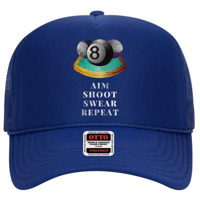 Funny 8 Ball Billiards Player Aim Shoot Swear Repeat Gift High Crown Mesh Back Trucker Hat