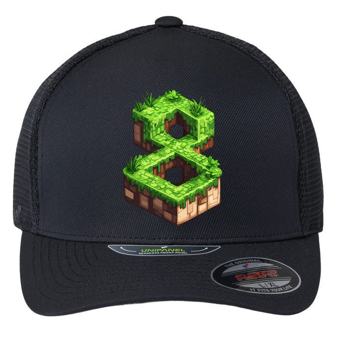Fun 8th Birthday Number 8 Video Gamer Pixel Themed Bday Boy Flexfit Unipanel Trucker Cap