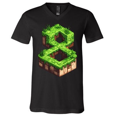 Fun 8th Birthday Number 8 Video Gamer Pixel Themed Bday Boy V-Neck T-Shirt