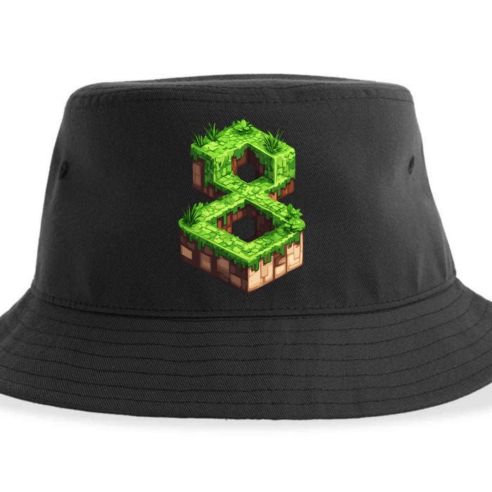 Fun 8th Birthday Number 8 Video Gamer Pixel Themed Bday Boy Sustainable Bucket Hat