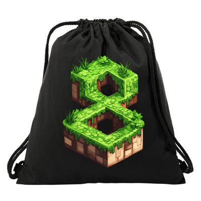 Fun 8th Birthday Number 8 Video Gamer Pixel Themed Bday Boy Drawstring Bag