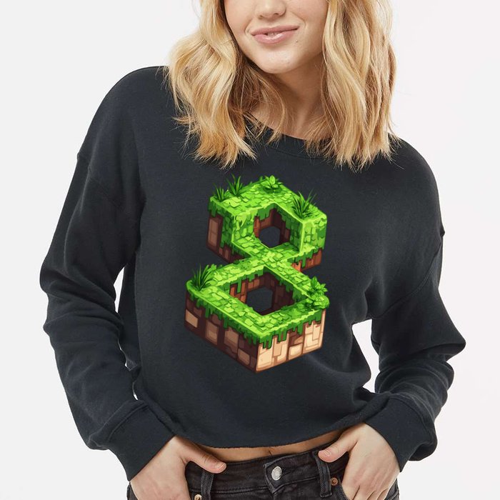 Fun 8th Birthday Number 8 Video Gamer Pixel Themed Bday Boy Cropped Pullover Crew