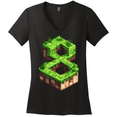 Fun 8th Birthday Number 8 Video Gamer Pixel Themed Bday Boy Women's V-Neck T-Shirt