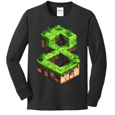 Fun 8th Birthday Number 8 Video Gamer Pixel Themed Bday Boy Kids Long Sleeve Shirt