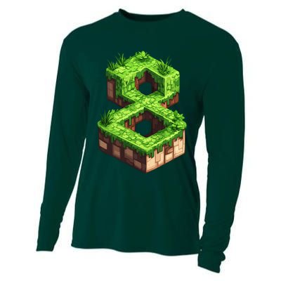 Fun 8th Birthday Number 8 Video Gamer Pixel Themed Bday Boy Cooling Performance Long Sleeve Crew