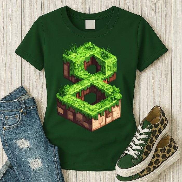 Fun 8th Birthday Number 8 Video Gamer Pixel Themed Bday Boy Womens T-Shirt