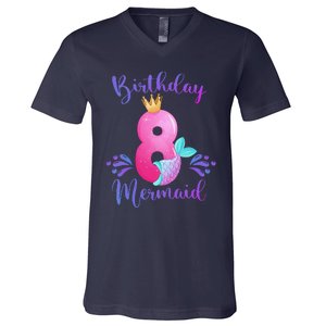 Funny 8th Birthday Mermaid Birthday Party 8 Years Old Fish V-Neck T-Shirt