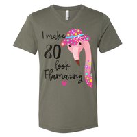 Flamingo 80th Birthday 80 Years Old Eighty V-Neck T-Shirt