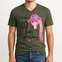 Flamingo 80th Birthday 80 Years Old Eighty V-Neck T-Shirt