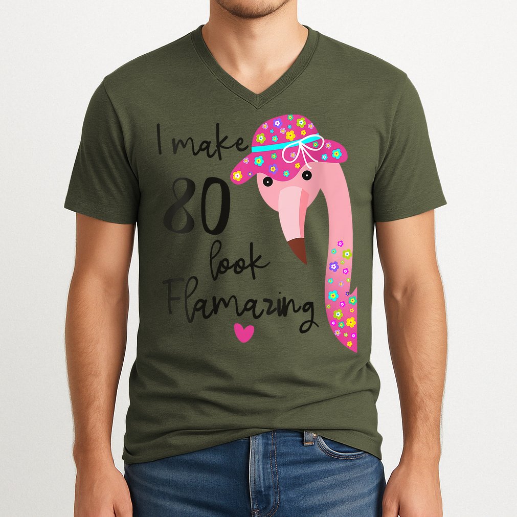 Flamingo 80th Birthday 80 Years Old Eighty V-Neck T-Shirt