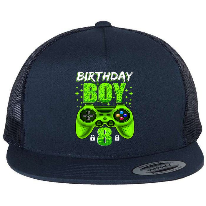 Funny 8th Birthday Boy Video Games 8 Year Old Flat Bill Trucker Hat