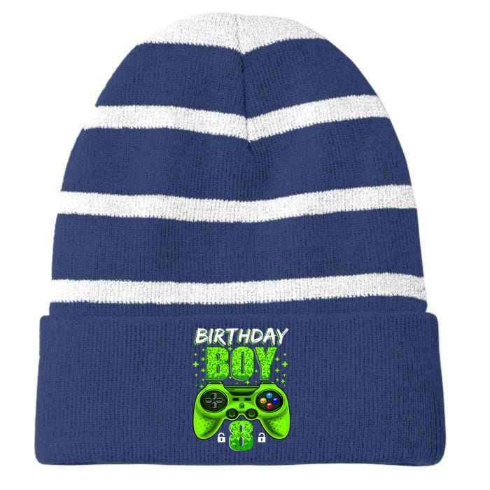 Funny 8th Birthday Boy Video Games 8 Year Old Striped Beanie with Solid Band