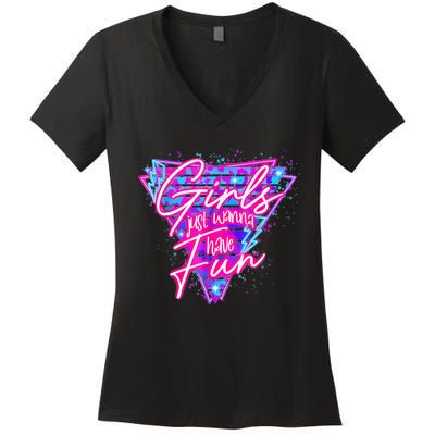 Funny 80s Girl Just Wanna Have Fun Nostalgia 1980s Women's V-Neck T-Shirt