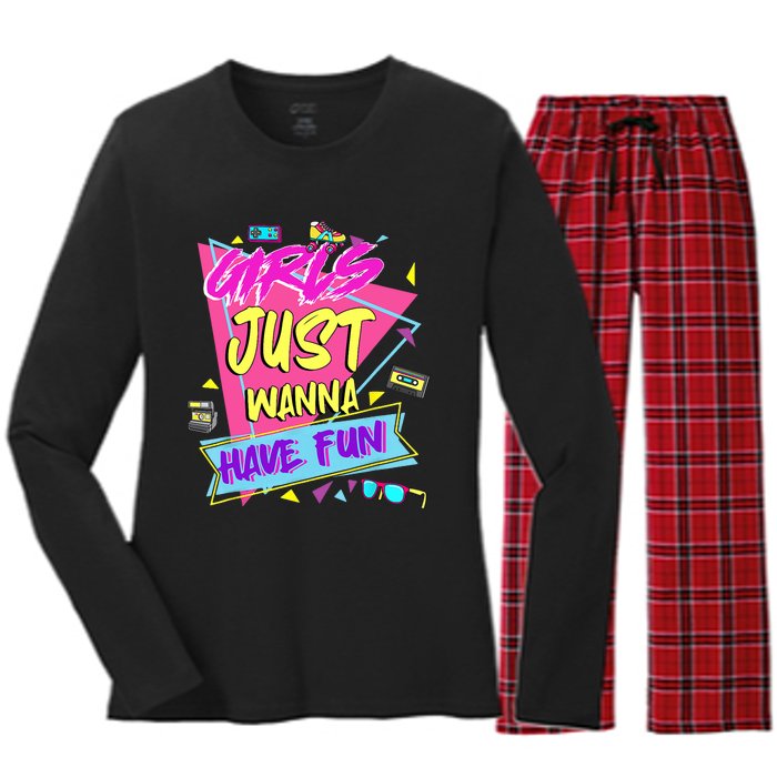 Funny 80s Girl Just Wanna Have Fun 80s Birthday Women's Long Sleeve Flannel Pajama Set 