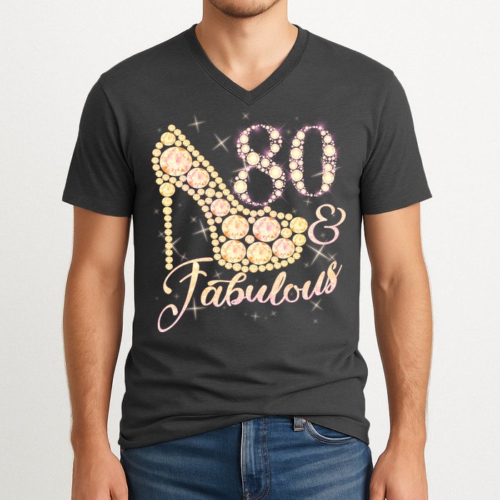 Fabulous & 80 Sparkly Heel 80th Birthday V-Neck T-Shirt