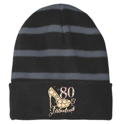 Fabulous & 80 Sparkly Heel 80th Birthday Striped Beanie with Solid Band