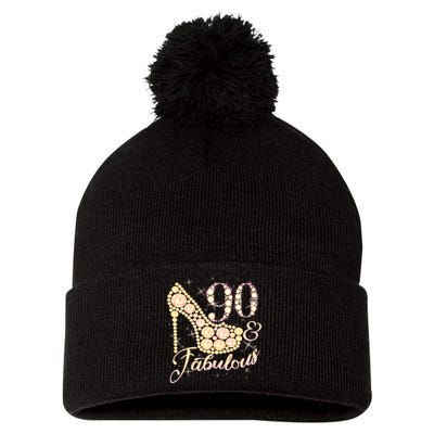 Fabulous & 90 Sparkly Heel 90th Birthday Pom Pom 12in Knit Beanie