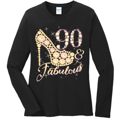 Fabulous & 90 Sparkly Heel 90th Birthday Ladies Long Sleeve Shirt