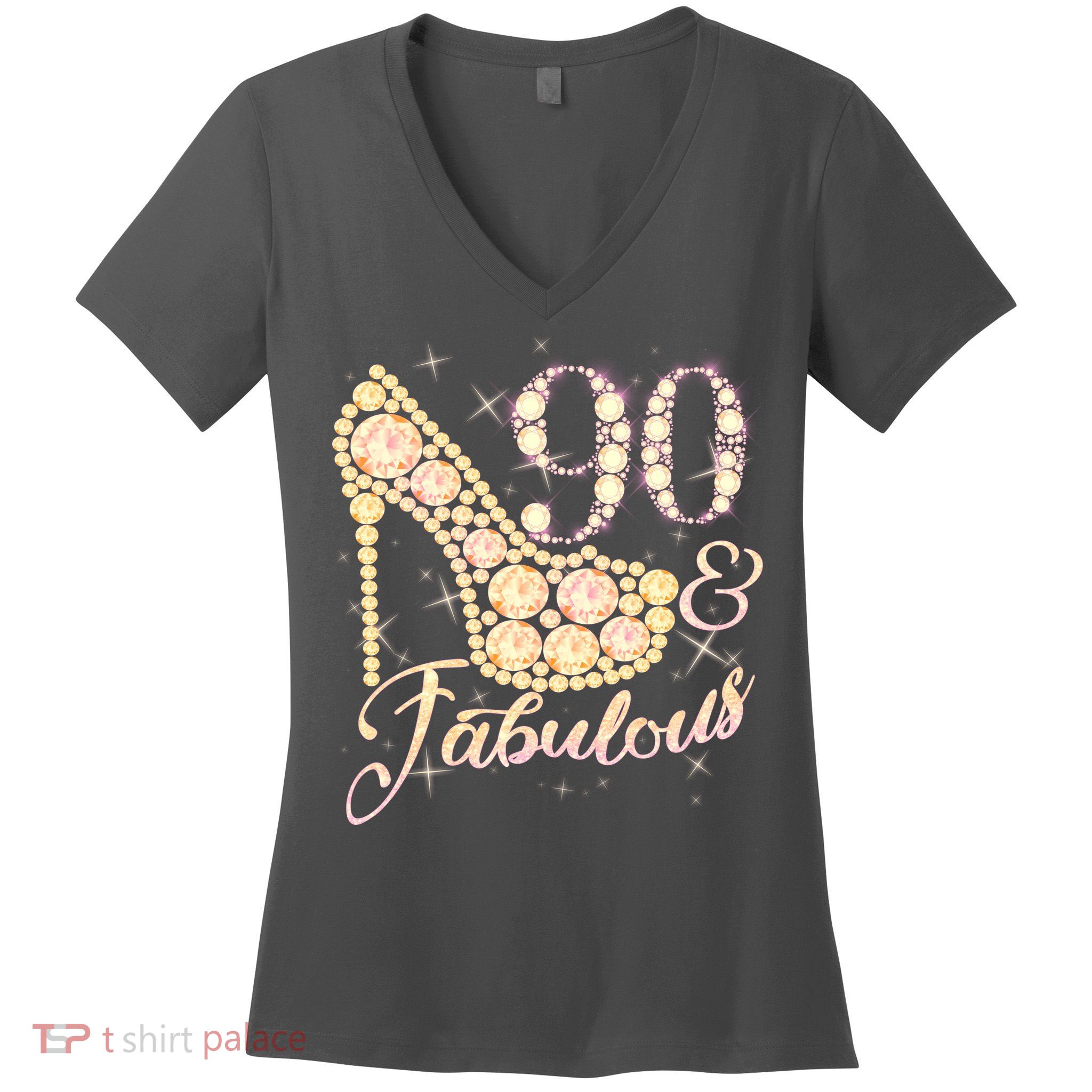 Fabulous & 90 Sparkly Heel 90th Birthday Women's V-Neck T-Shirt