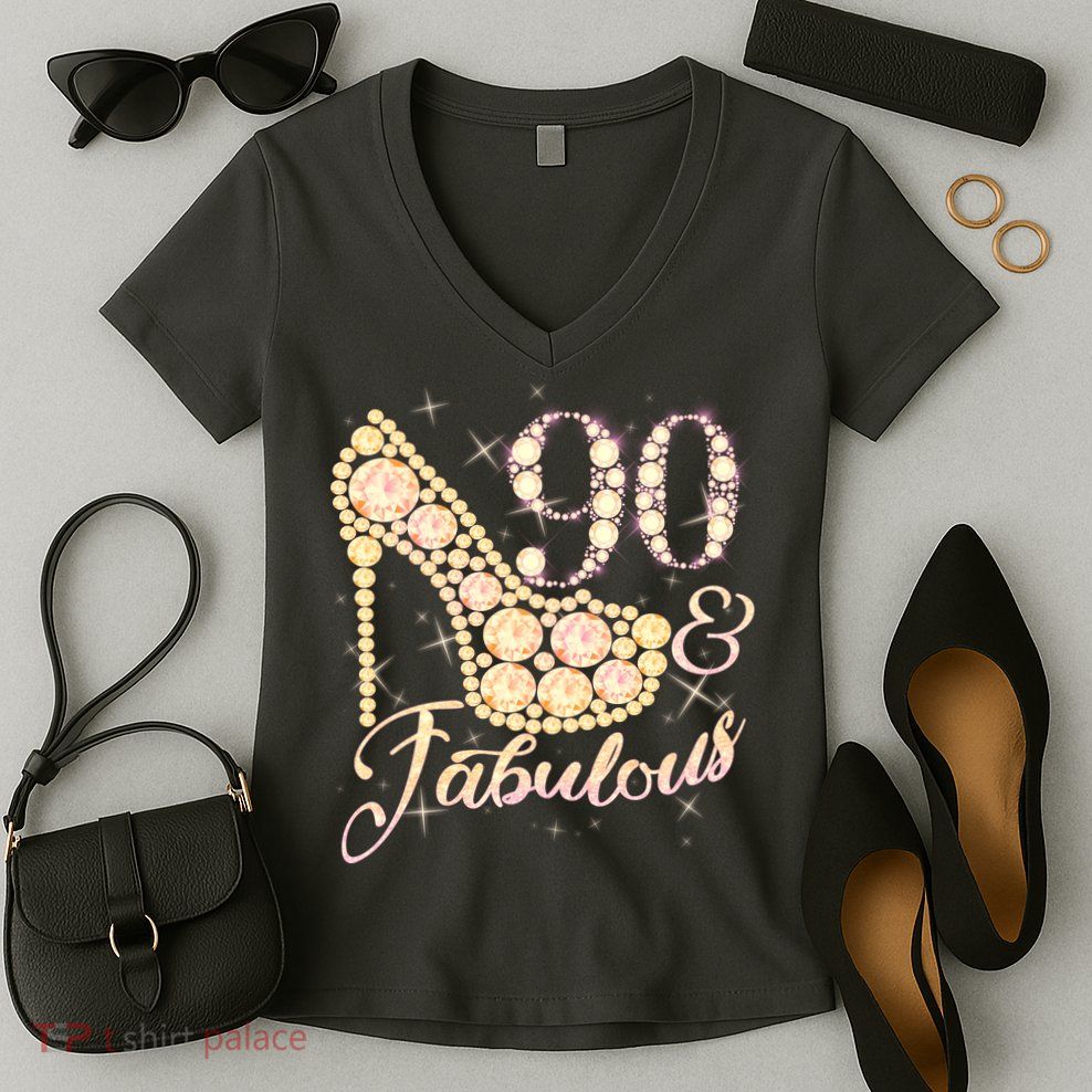 Fabulous & 90 Sparkly Heel 90th Birthday Women's V-Neck T-Shirt