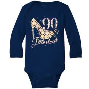 Fabulous & 90 Sparkly Heel 90th Birthday Baby Long Sleeve Bodysuit