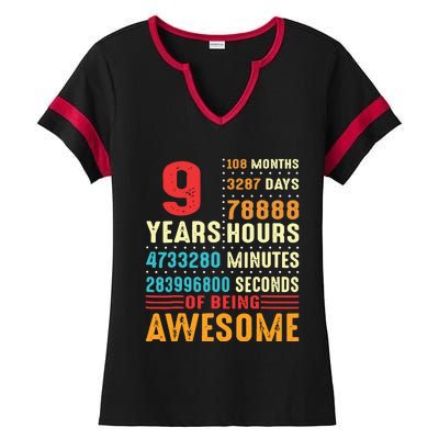 Funny 9 Years Old 9th Birthday Vintage Retro 108 Months 1 1 Ladies Halftime Notch Neck Tee