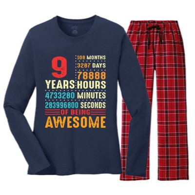 Funny 9 Years Old 9th Birthday Vintage Retro 108 Months 1 1 Women's Long Sleeve Flannel Pajama Set 