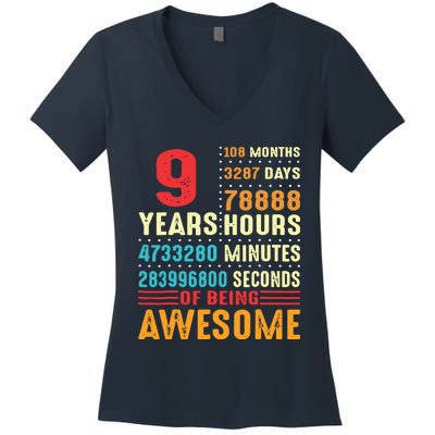 Funny 9 Years Old 9th Birthday Vintage Retro 108 Months 1 1 Women's V-Neck T-Shirt