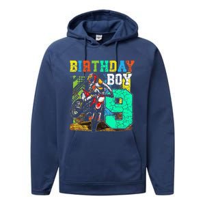 Funny 9 Years Old Birthday Dirt Bike Motorcycle Bday Performance Fleece Hoodie