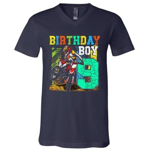 Funny 9 Years Old Birthday Dirt Bike Motorcycle Bday V-Neck T-Shirt