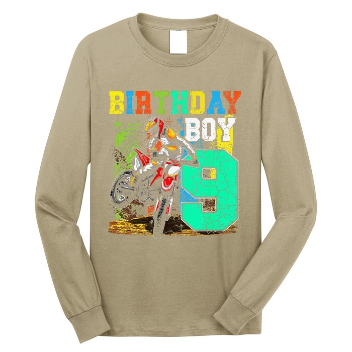 Funny 9 Years Old Birthday Dirt Bike Motorcycle Bday Long Sleeve Shirt