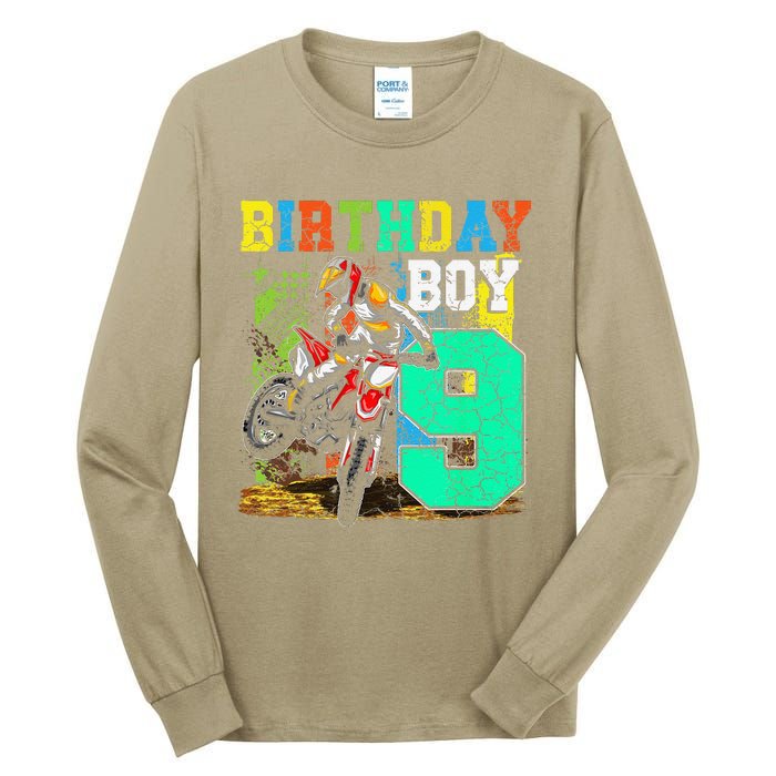 Funny 9 Years Old Birthday Dirt Bike Motorcycle Bday Tall Long Sleeve T-Shirt