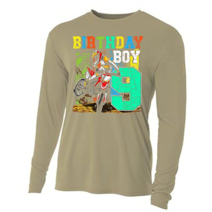 Funny 9 Years Old Birthday Dirt Bike Motorcycle Bday Cooling Performance Long Sleeve Crew