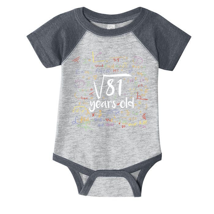 Funny 9 Year Old Birthday Square Root Of 81 Math Infant Baby Jersey Bodysuit