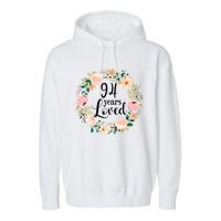 Floral 94 Years Loved 94th Birthday Gift For Grandma Garment-Dyed Fleece Hoodie