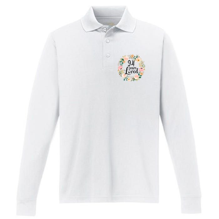 Floral 94 Years Loved 94th Birthday Gift For Grandma Performance Long Sleeve Polo