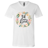 Floral 94 Years Loved 94th Birthday Gift For Grandma V-Neck T-Shirt