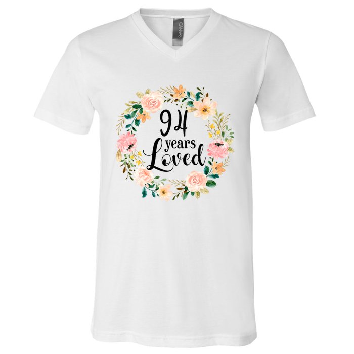 Floral 94 Years Loved 94th Birthday Gift For Grandma V-Neck T-Shirt