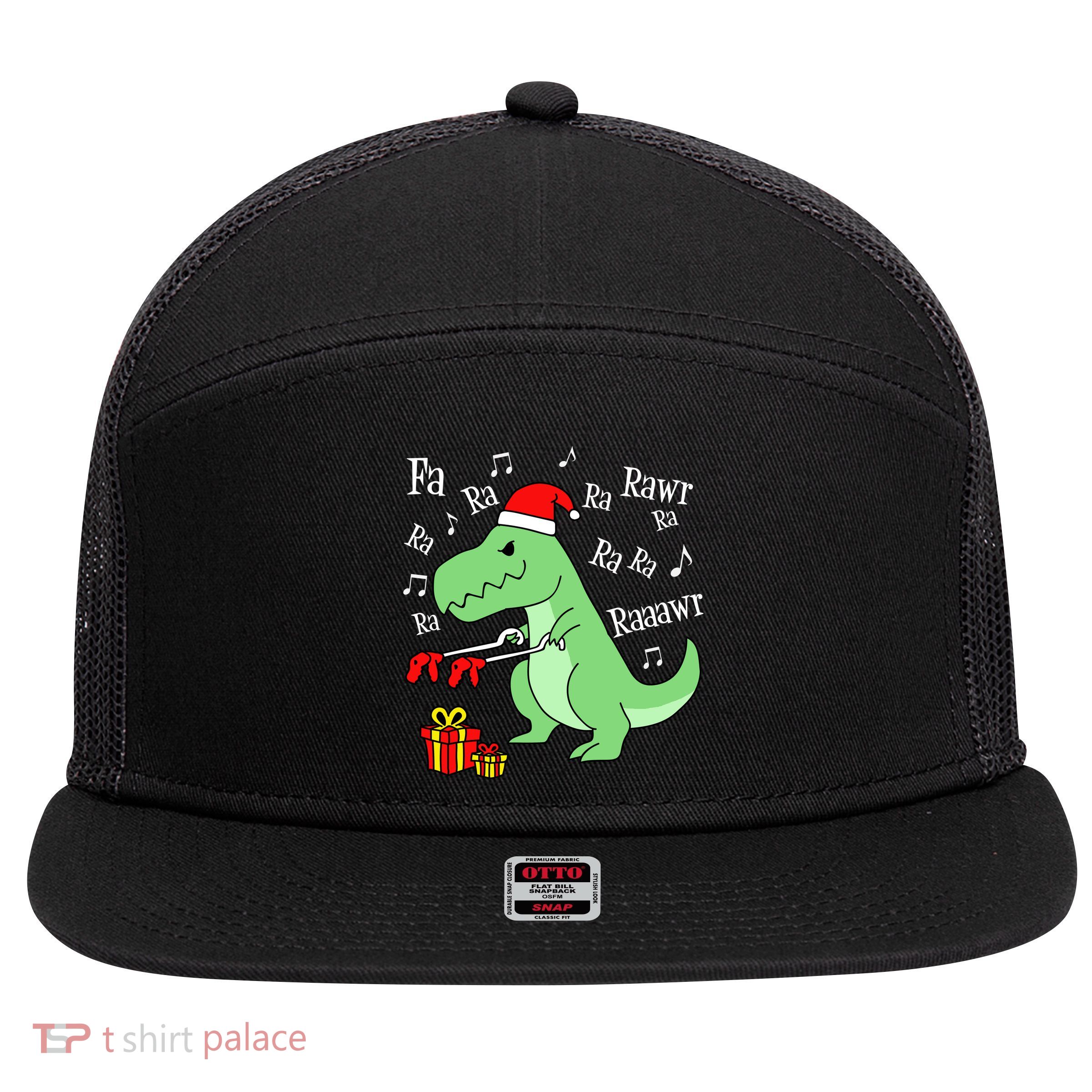 Fa Ra Ra Rawr Christmas T-Rex Presents 7 Panel Mesh Trucker Snapback Hat