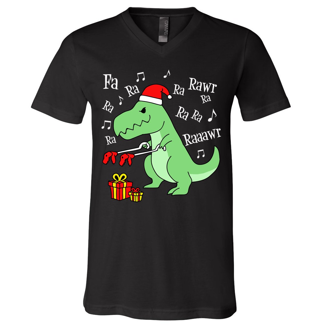 Fa Ra Ra Rawr Christmas T-Rex Presents V-Neck T-Shirt