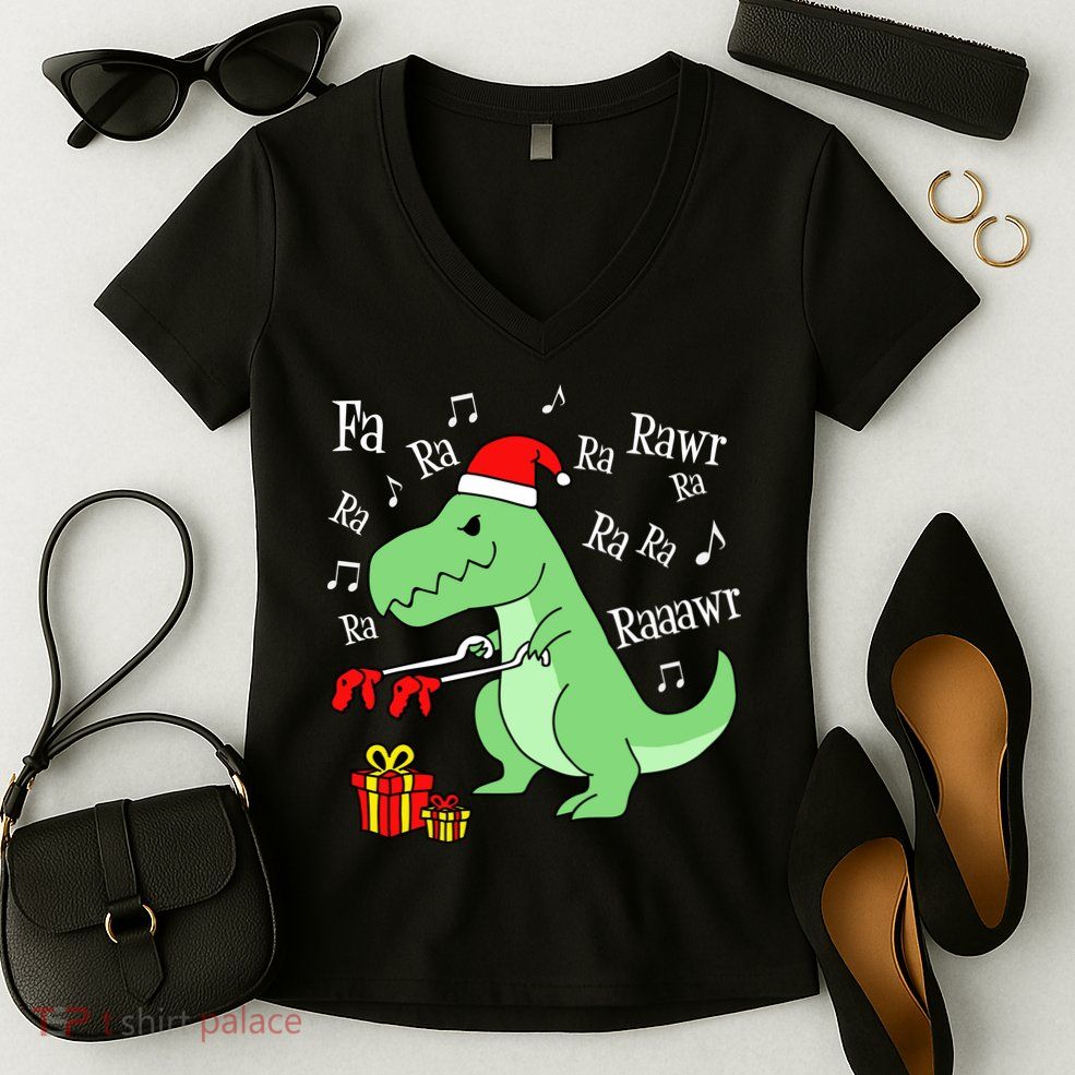 Fa Ra Ra Rawr Christmas T-Rex Presents Women's V-Neck T-Shirt