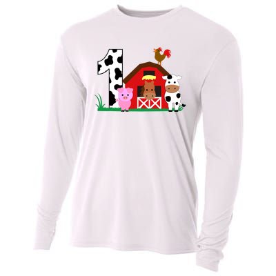 Farm Animals 1st Birthday 1 Year Old Birthday Party Cooling Performance Long Sleeve Crew