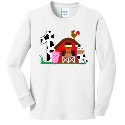 Farm Animals 1st Birthday 1 Year Old Birthday Party Kids Long Sleeve Shirt