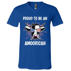 Funny Amoorican 4th Of July Usa Flag Patriotic Cow Farmer Gift V-Neck T-Shirt